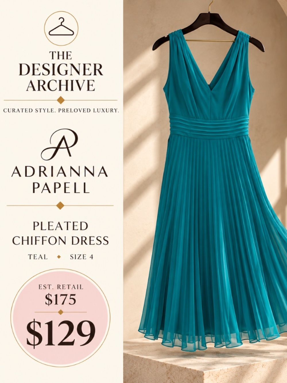 Adrianna Papell Pleated Chiffon Dress – Teal – Size 4
